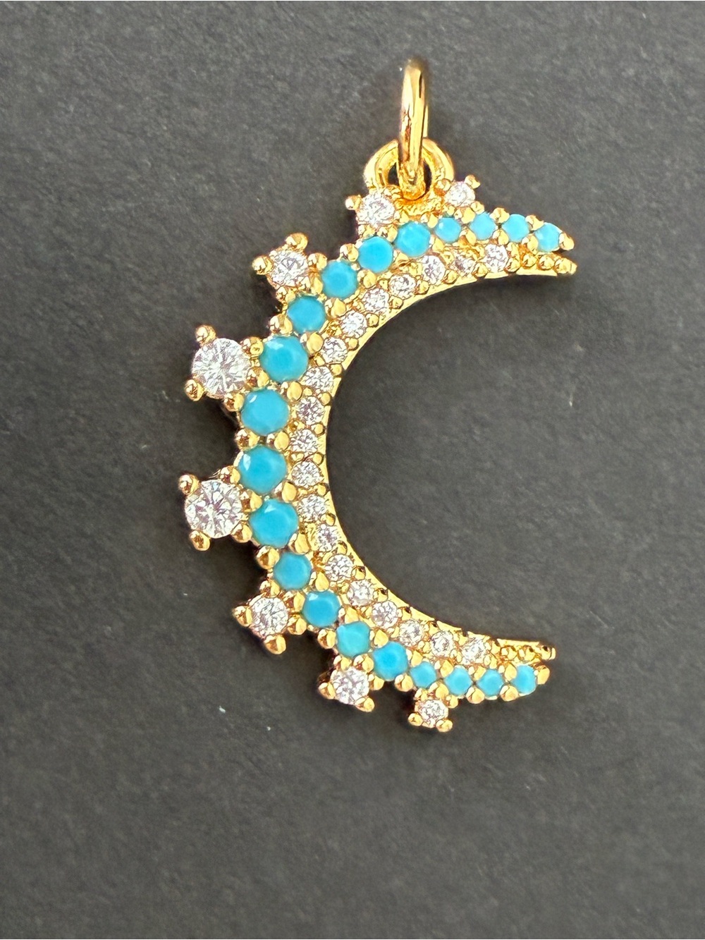 Crescent Moon Pendant with Turquoise and Clear Stones